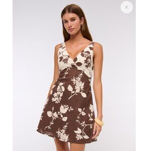 NWT Abercrombie & Fitch V-Neck Linen-Blend Mini Dress Brown Floral - SMALL TALL